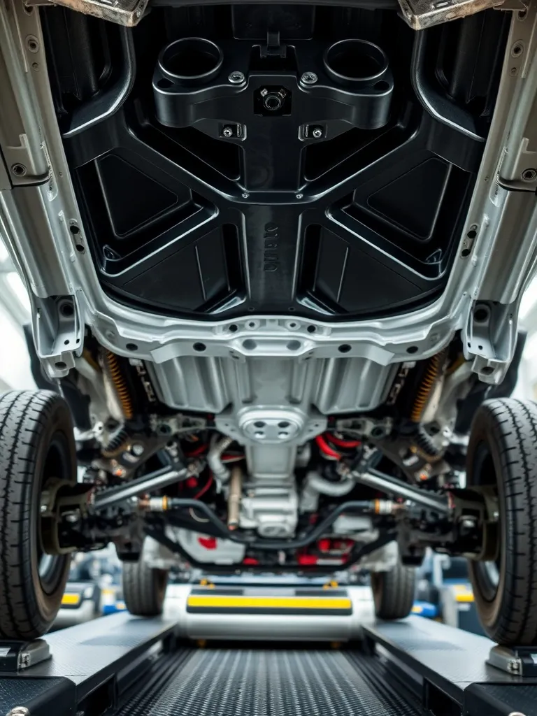 Close-up of a clean car chassis underbody, industrial lighti