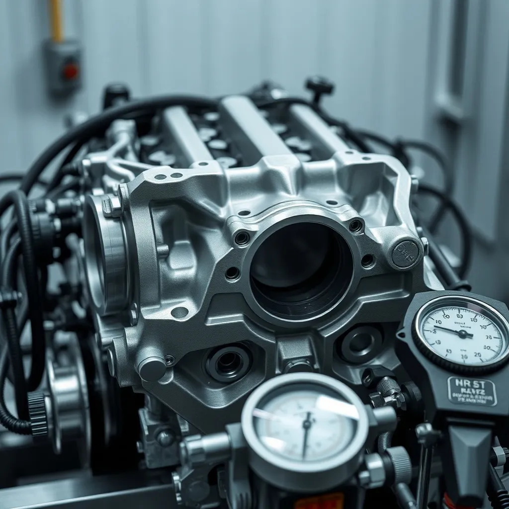 Close-up of a clean aluminum engine block with technical mea