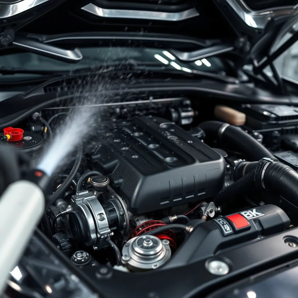 High-tech car engine bay being cleaned with dry ice blasting