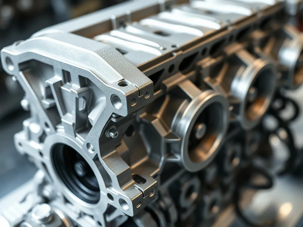 Detailed view of a clean aluminum engine block, focus on tex